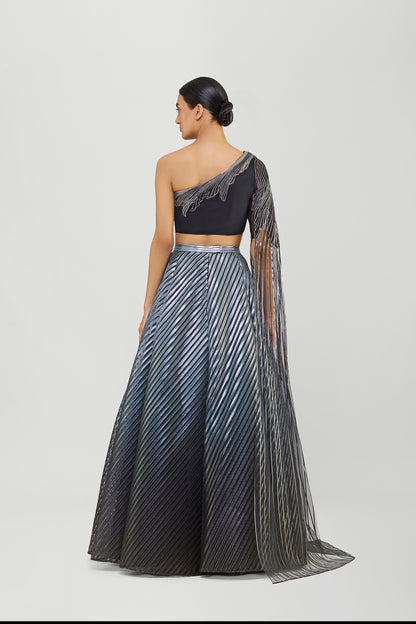Metallic Fluted Tulle Printed Skirt And Beaded  One Shouldered Top