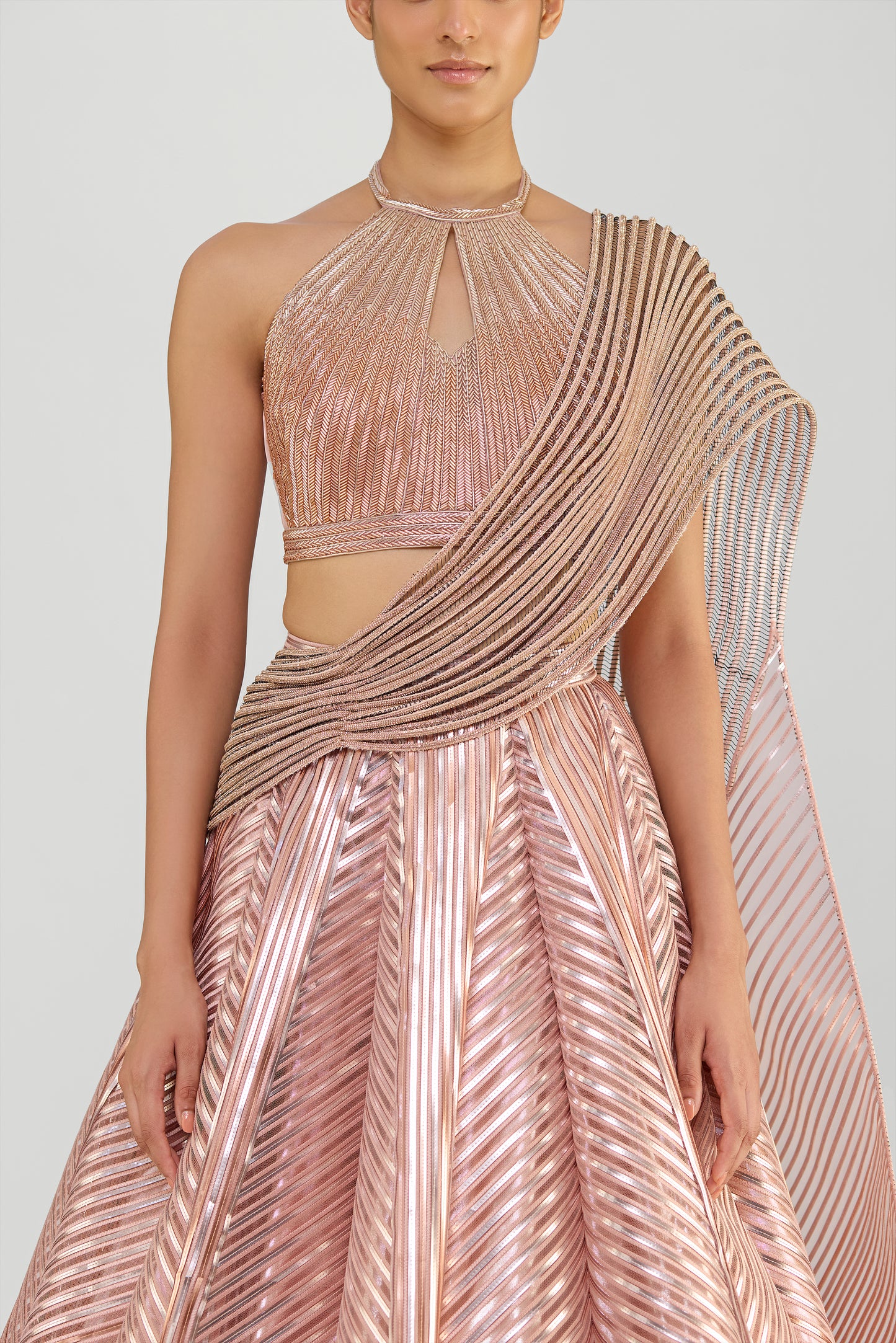Metallic Fluted Tulle Skirt With A Beaded Halter Top And Crystalvein Drape