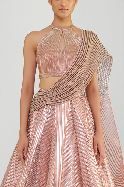 Metallic Fluted Tulle Skirt With A Beaded Halter Top And Crystalvein Drape