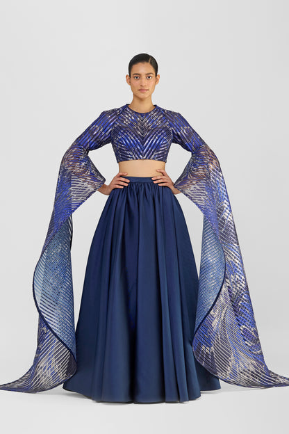 Metallic Printedtop With Wings And Luxe Twill Skirt