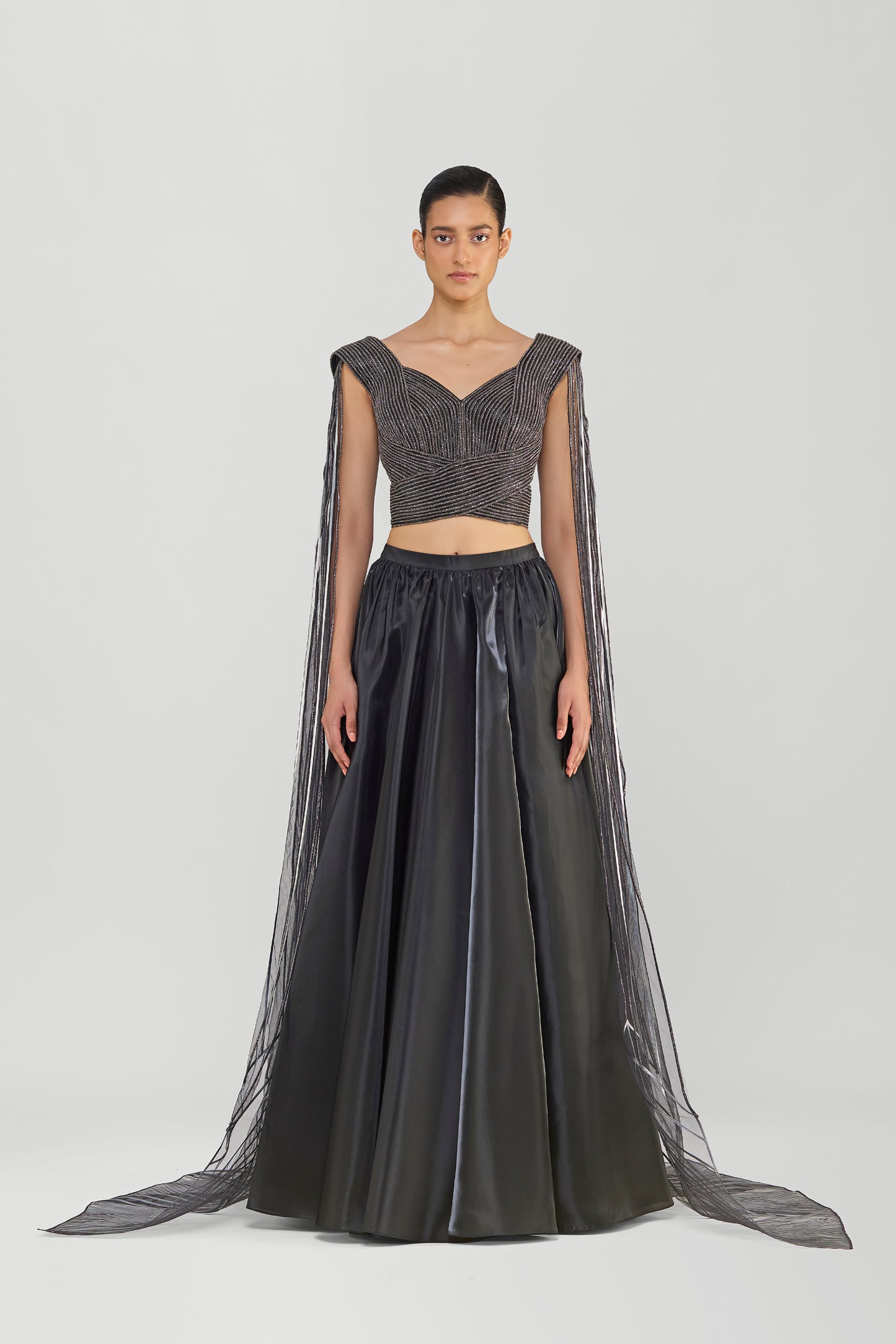 Structured Top With Glazed Organza Skirt And Shoulder Drapes