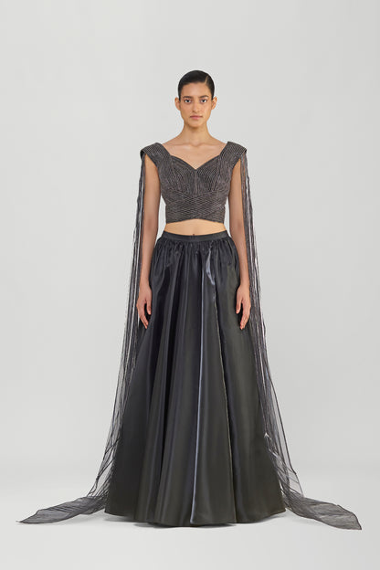 Structured Top With Glazed Organza Skirt And Shoulder Drapes