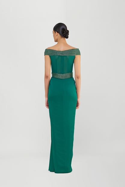 Moulded Corded Gown With Beads And A Chiffon Drape