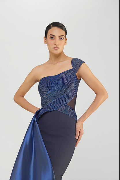 Moulded Corded Gown With Beads And A  Liquid Mesh Drape