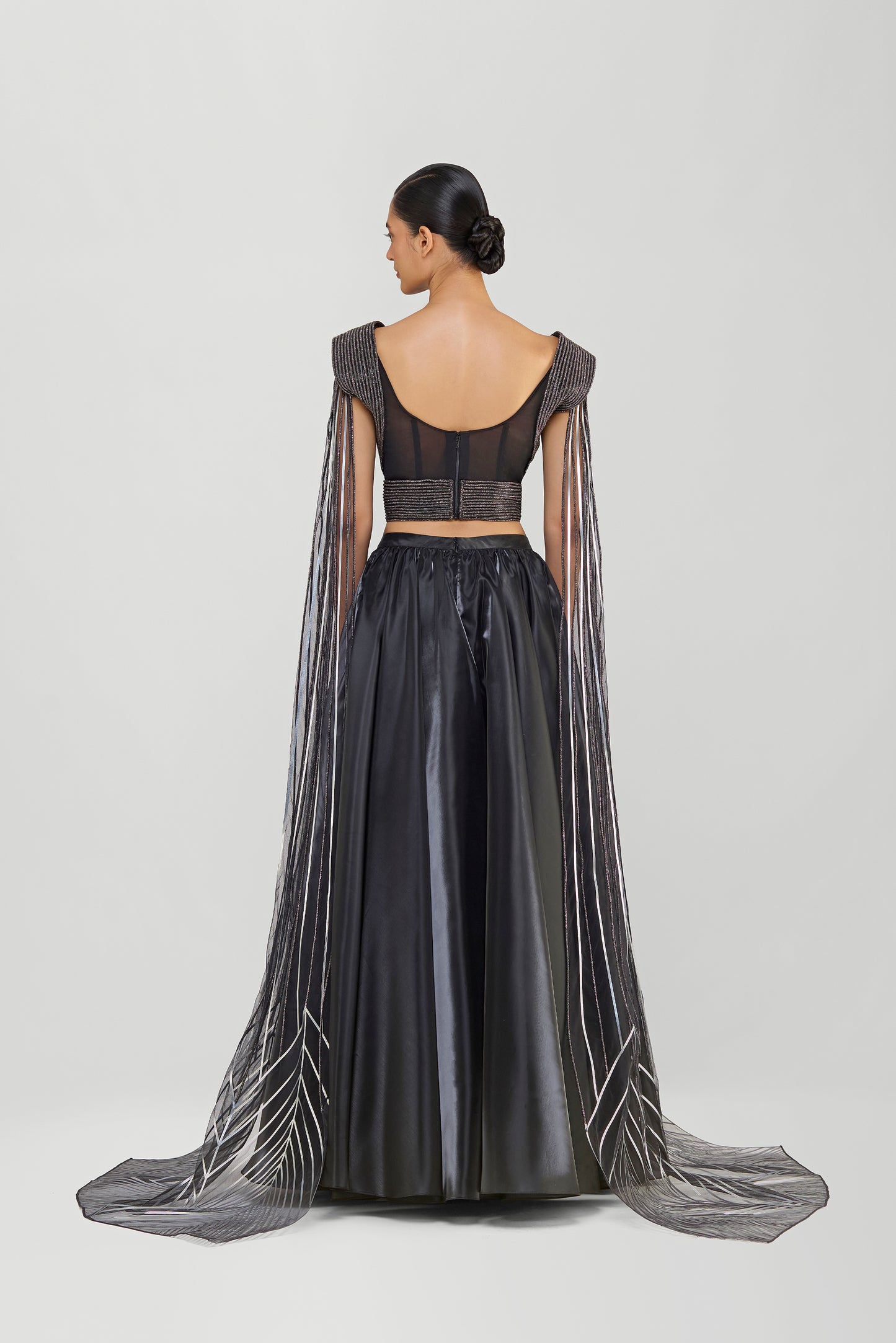 Structured Top With Glazed Organza Skirt And Shoulder Drapes