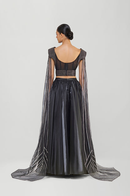 Structured Top With Glazed Organza Skirt And Shoulder Drapes