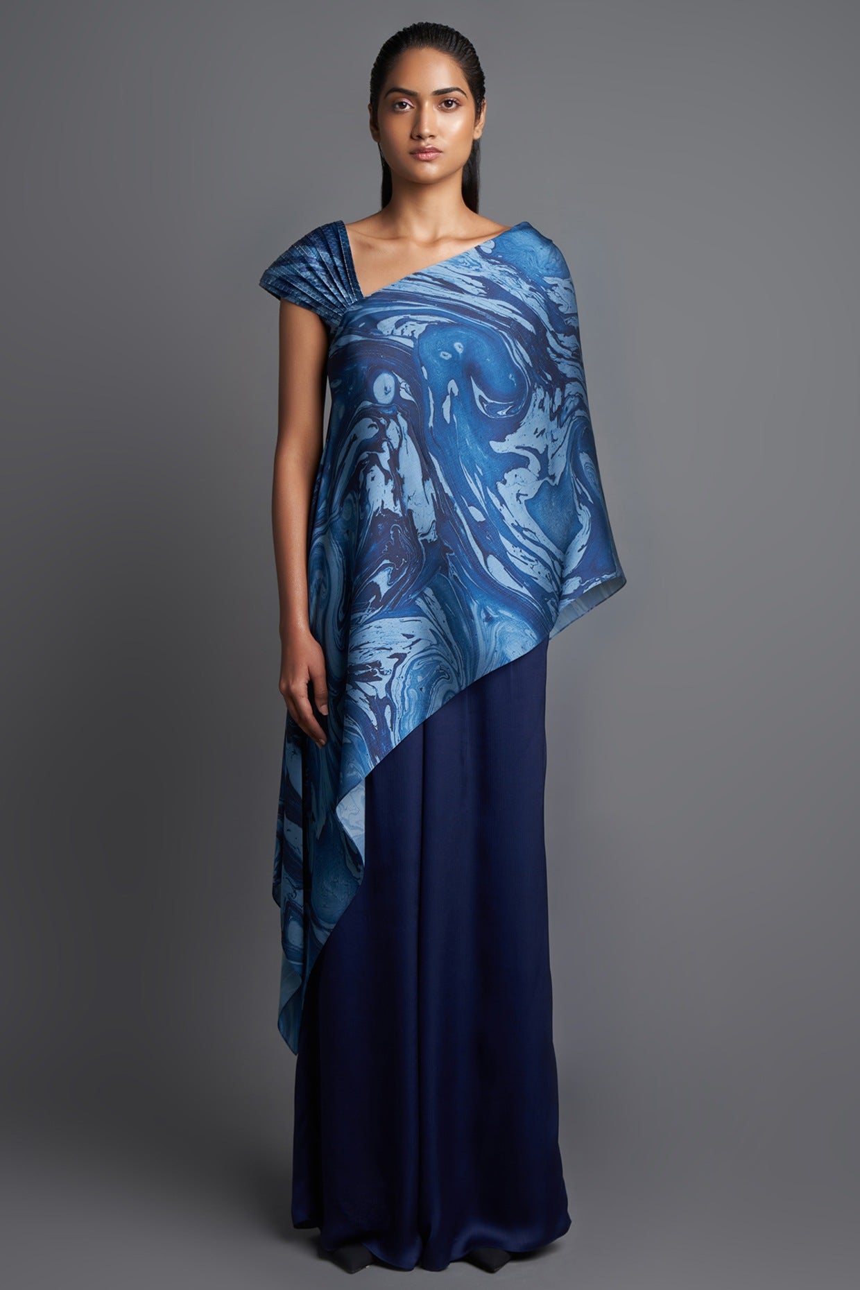 Aqua Grey Asymmetrical Marbled Top