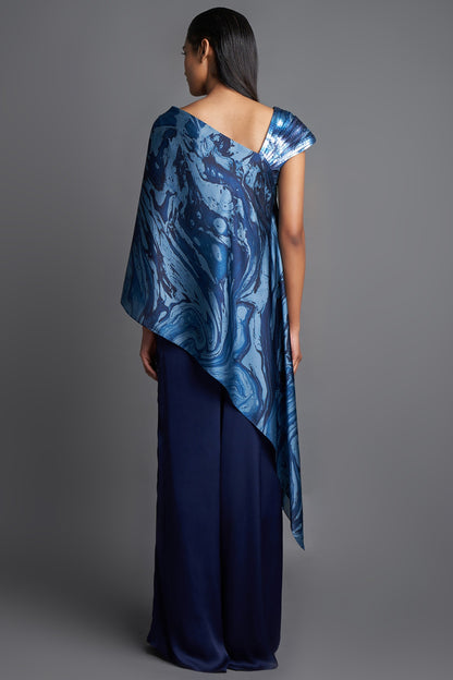 Aqua Grey Asymmetrical Marbled Top