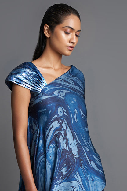 Aqua Grey Asymmetrical Marbled Top