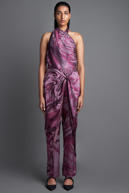 Asymmetrical Marbled Draped Jumpsuit