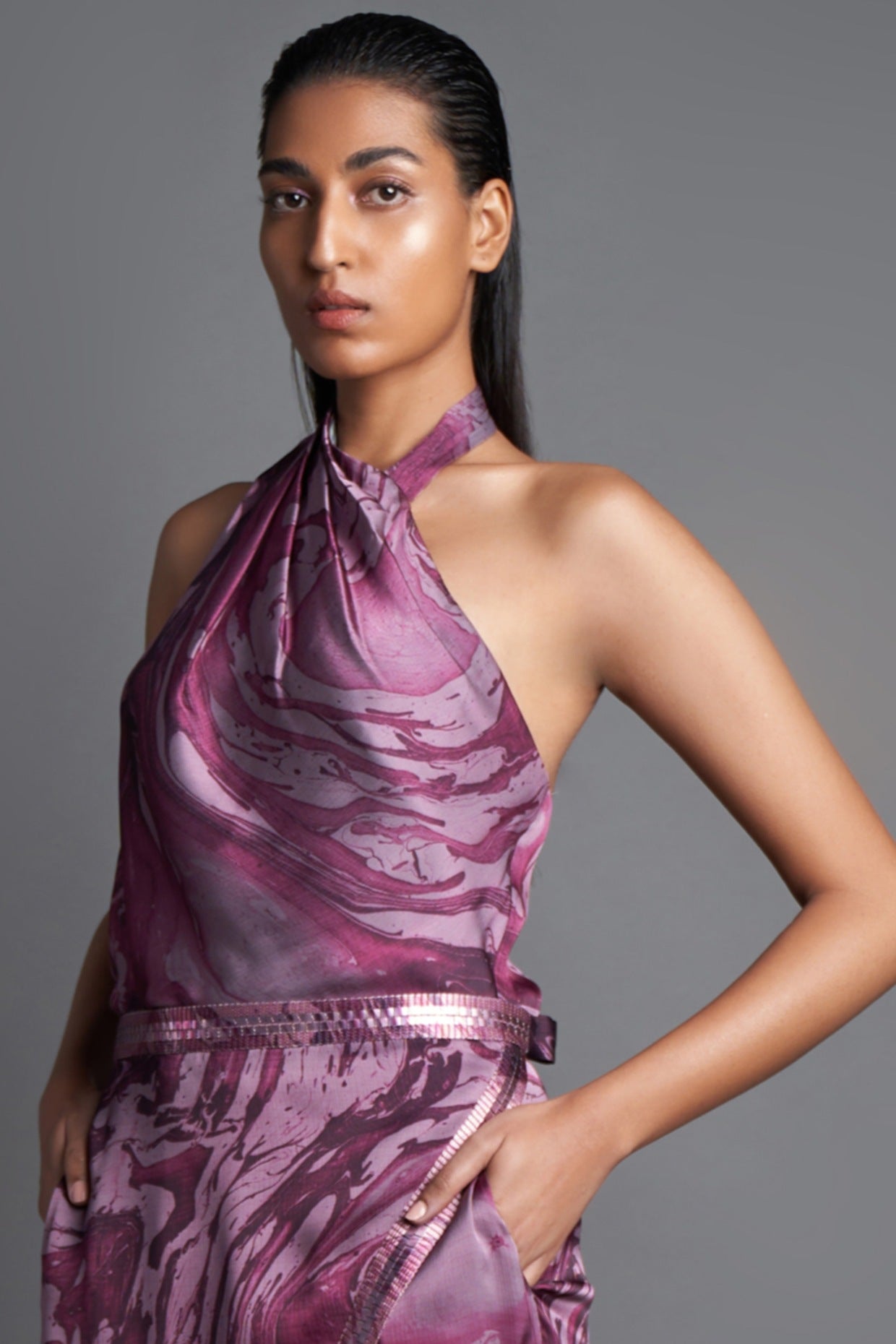 Asymmetrical Marbled Draped Jumpsuit