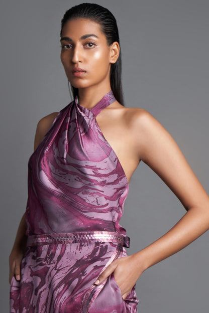 Asymmetrical Marbled Draped Jumpsuit