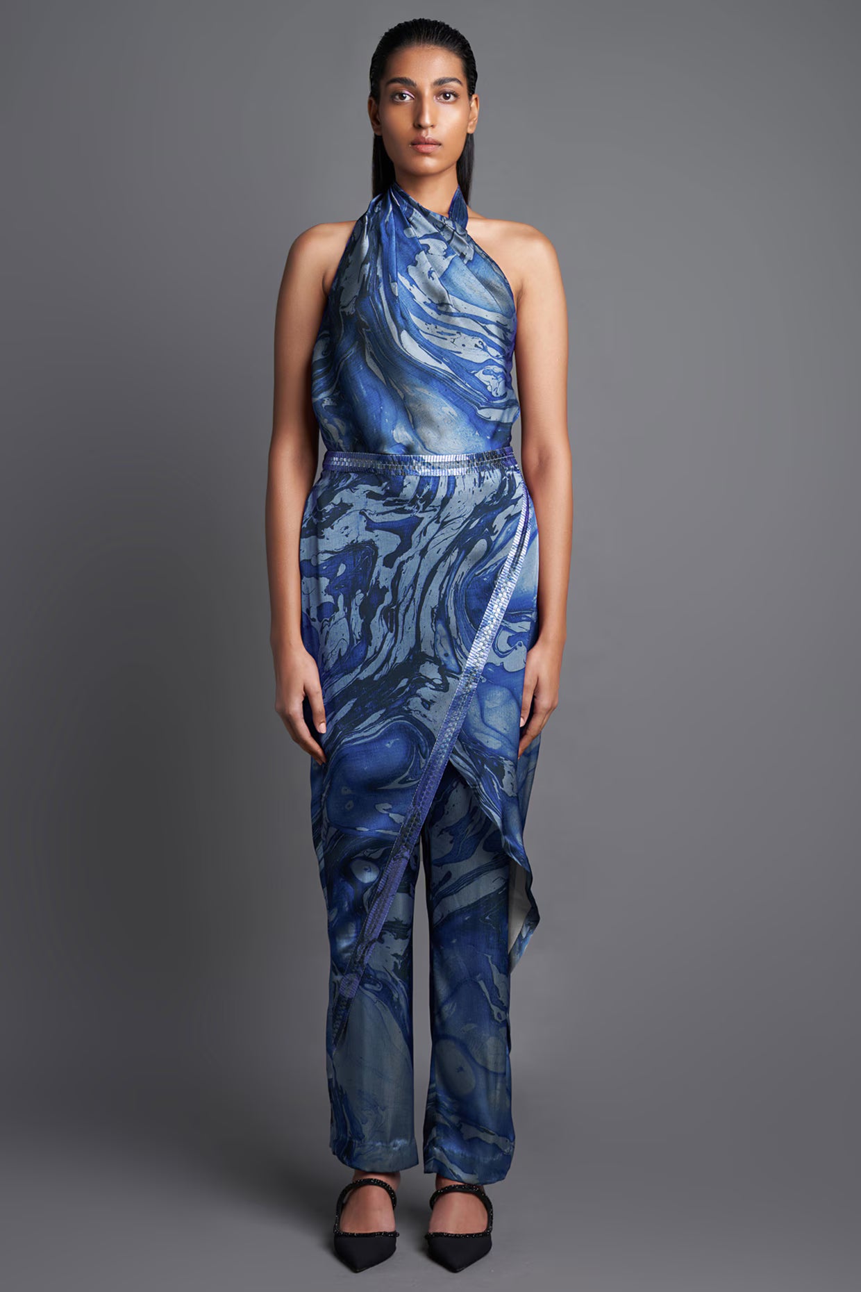 Asymmetrical Marbled Draped Jumpsuit