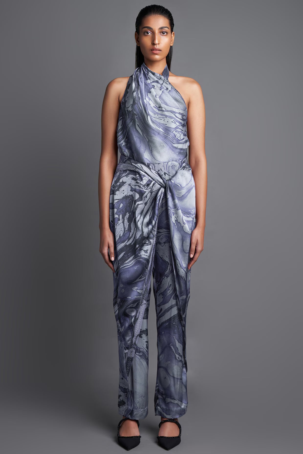Asymmetrical Marbled Draped Jumpsuit