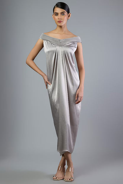Satin Chiffon Off-Shoulder Dress
