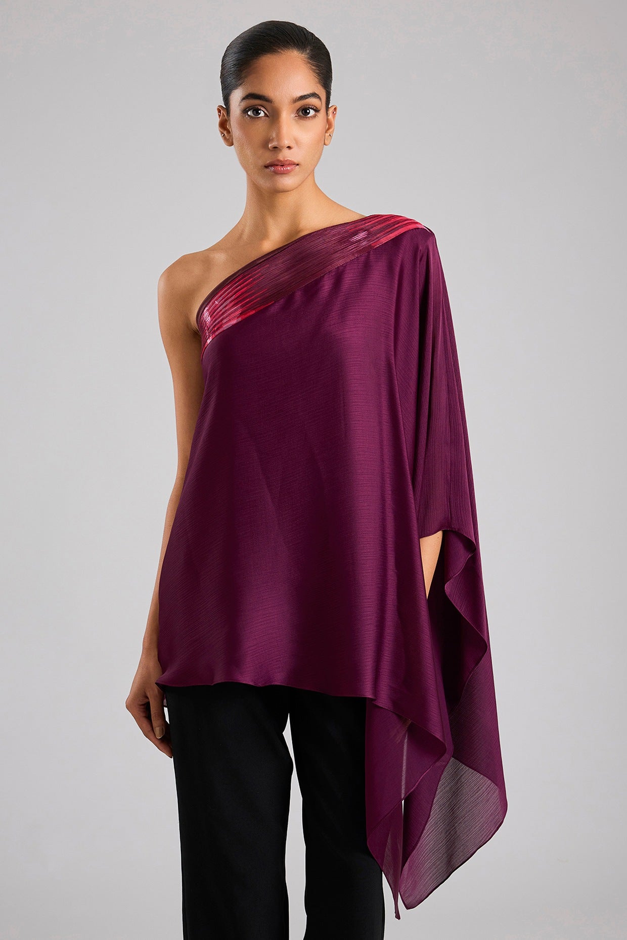 Satin Chiffon One-Shoulder Top