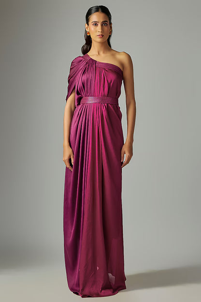 Chiffon One Shoulder Draped Color Block Dress