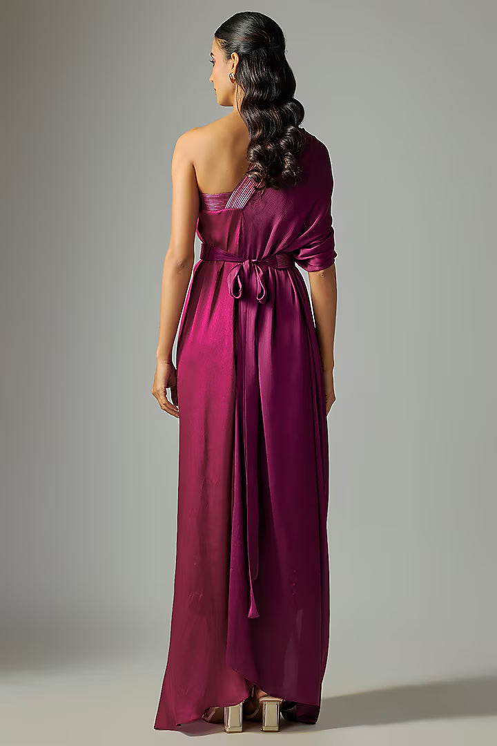 Chiffon One Shoulder Draped Color Block Dress