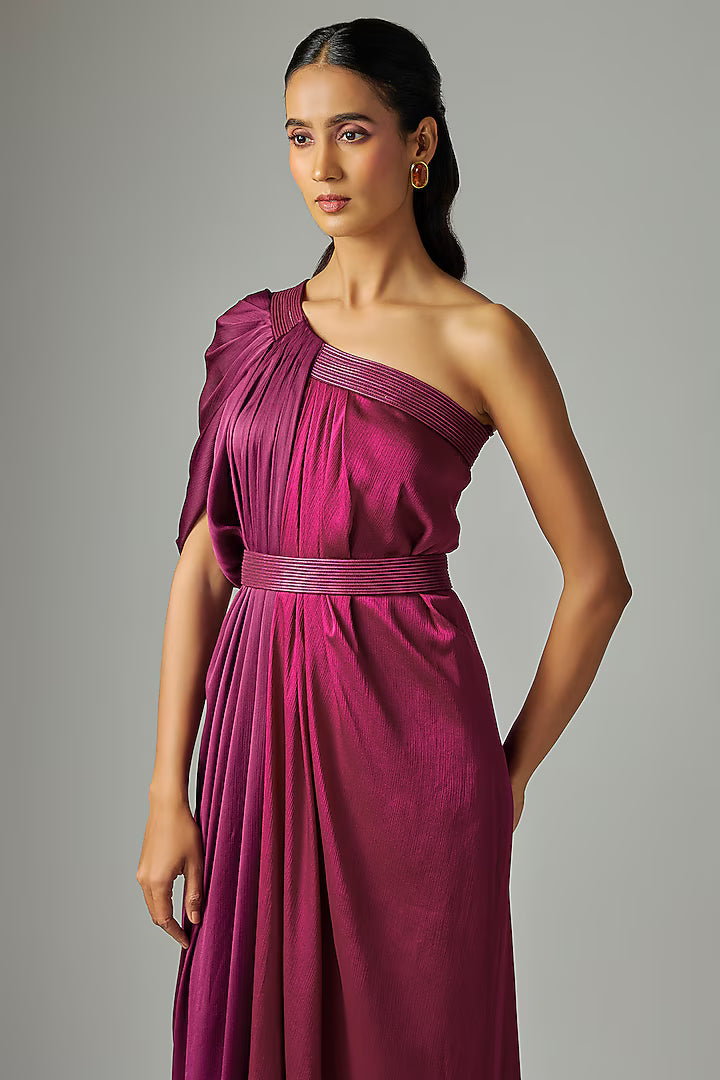 Chiffon One Shoulder Draped Color Block Dress