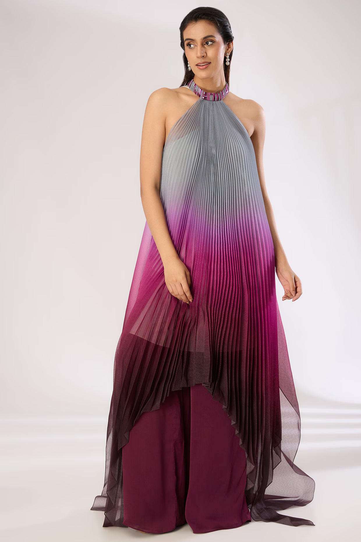 Metallic Polymer & Crepe Chiffon Maxi Dress