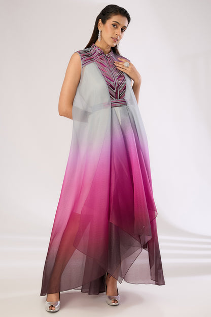 Plum Metallic Polymer & Crepe Chiffon Maxi Dress