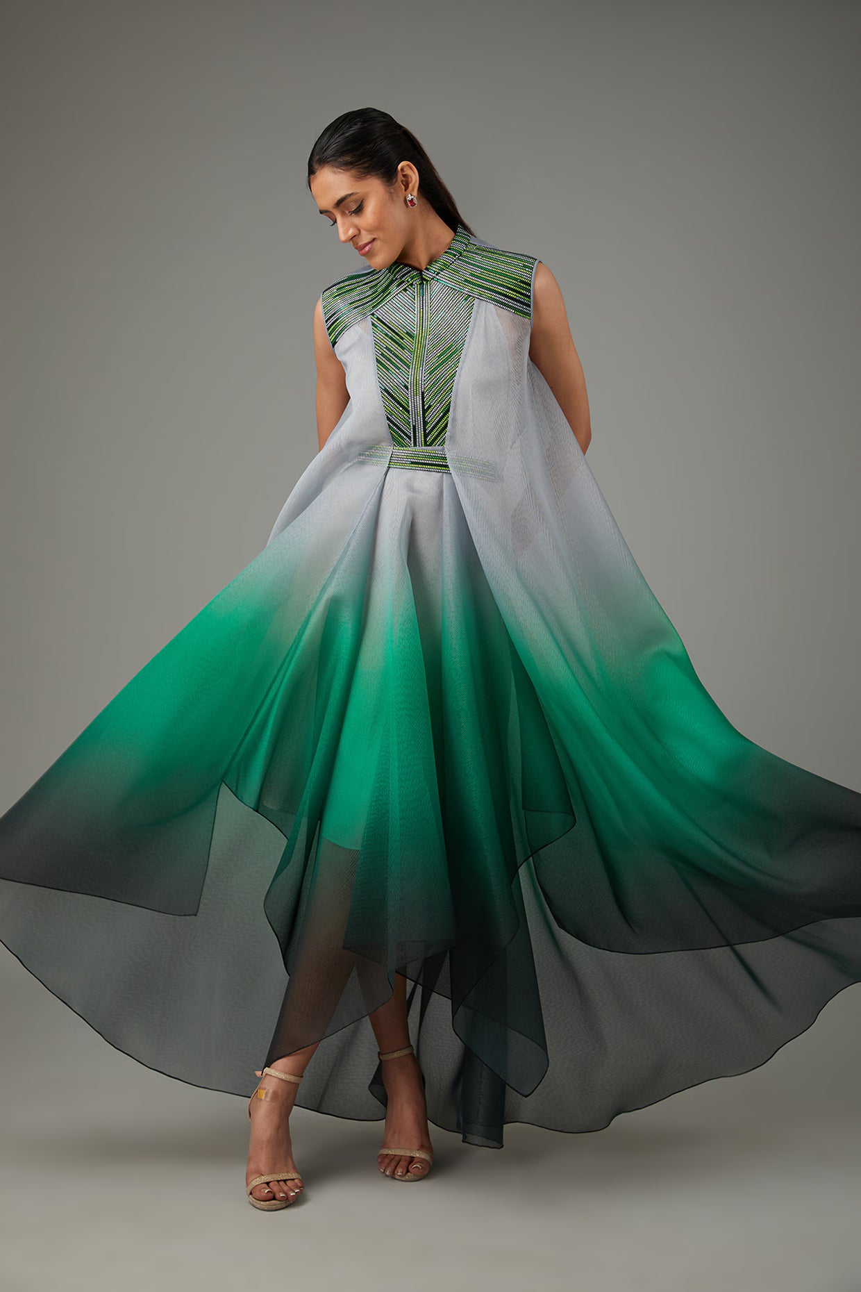 Emerald Metallic Polymer & Crepe Chiffon Dress With Belt