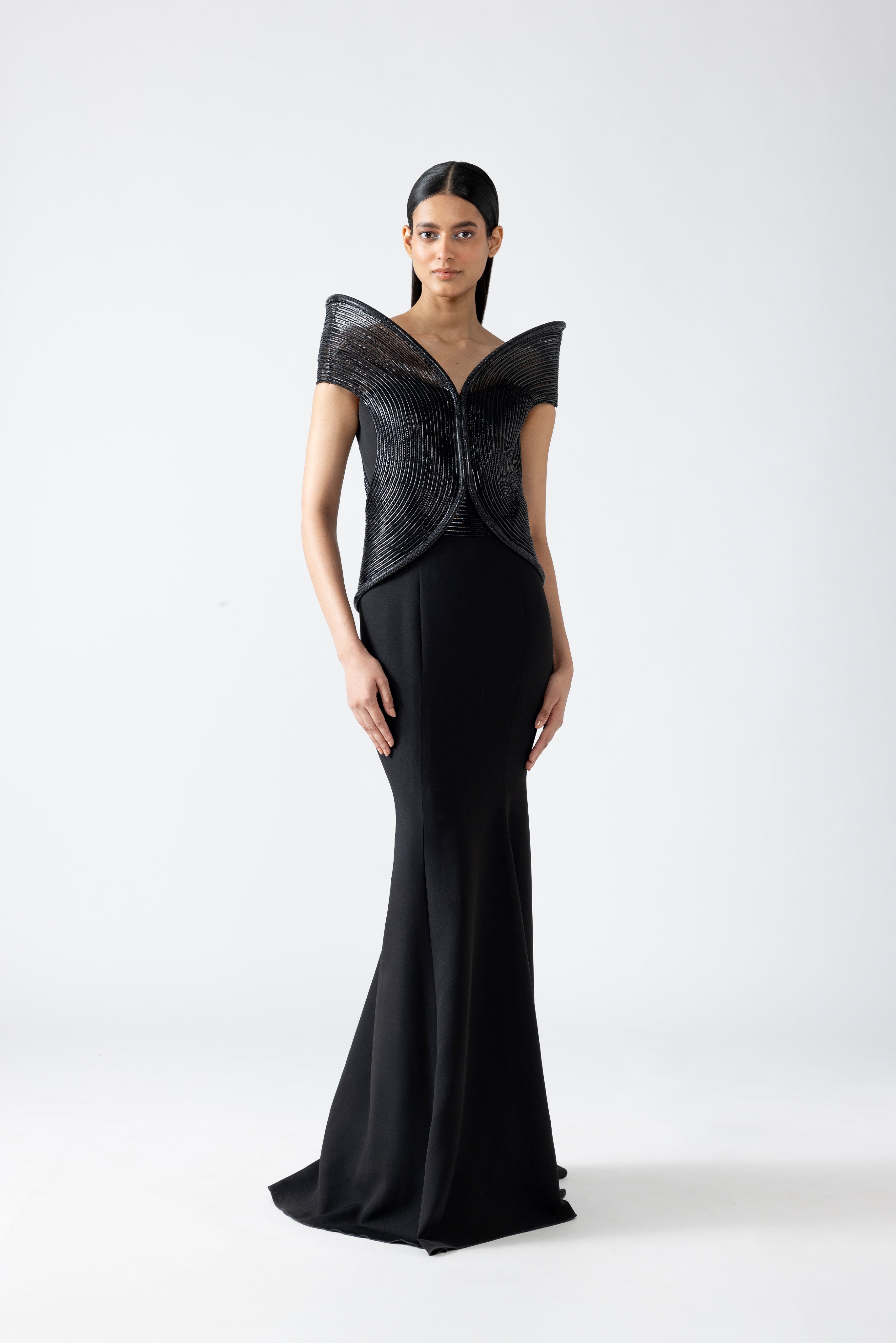 Moulded Off Shoulder Corded Gown