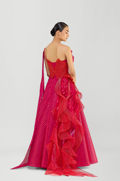 Structured Corded Coral Off The Shoulder Gown With A Metallic Fluted Tulle Skirt And Two Drapes