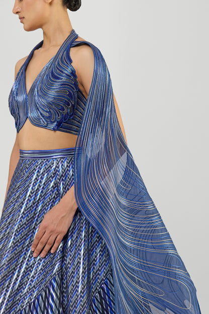 Printed Fluted Tulle Skirt With A Halter Corded Wave Top And Drape