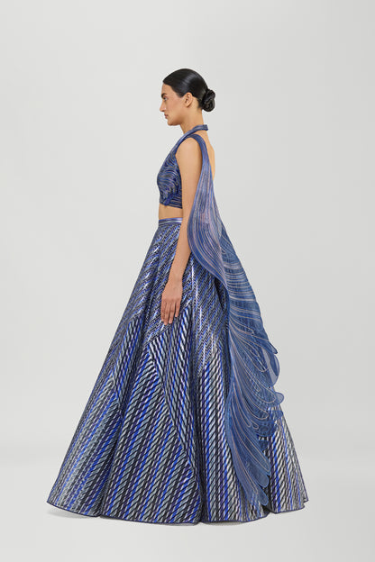 Printed Fluted Tulle Skirt With A Halter Corded Wave Top And Drape