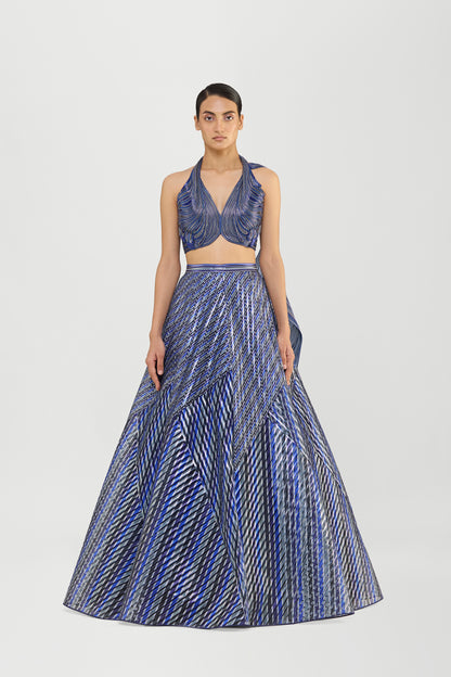 Printed Fluted Tulle Skirt With A Halter Corded Wave Top And Drape