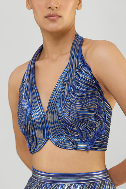 Printed Fluted Tulle Skirt With A Halter Corded Wave Top And Drape