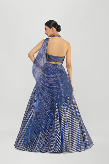 Printed Fluted Tulle Skirt With A Halter Corded Wave Top And Drape