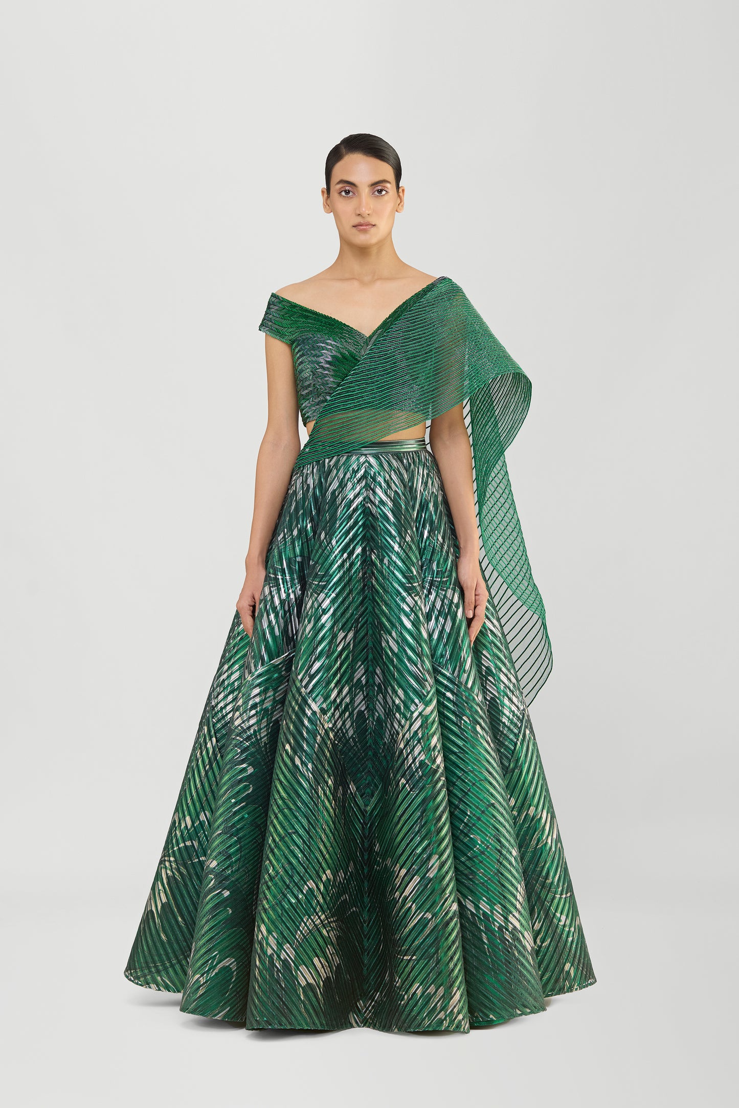 Printed Fluted Tulle Skirt With Off The Shoulder Structured Top