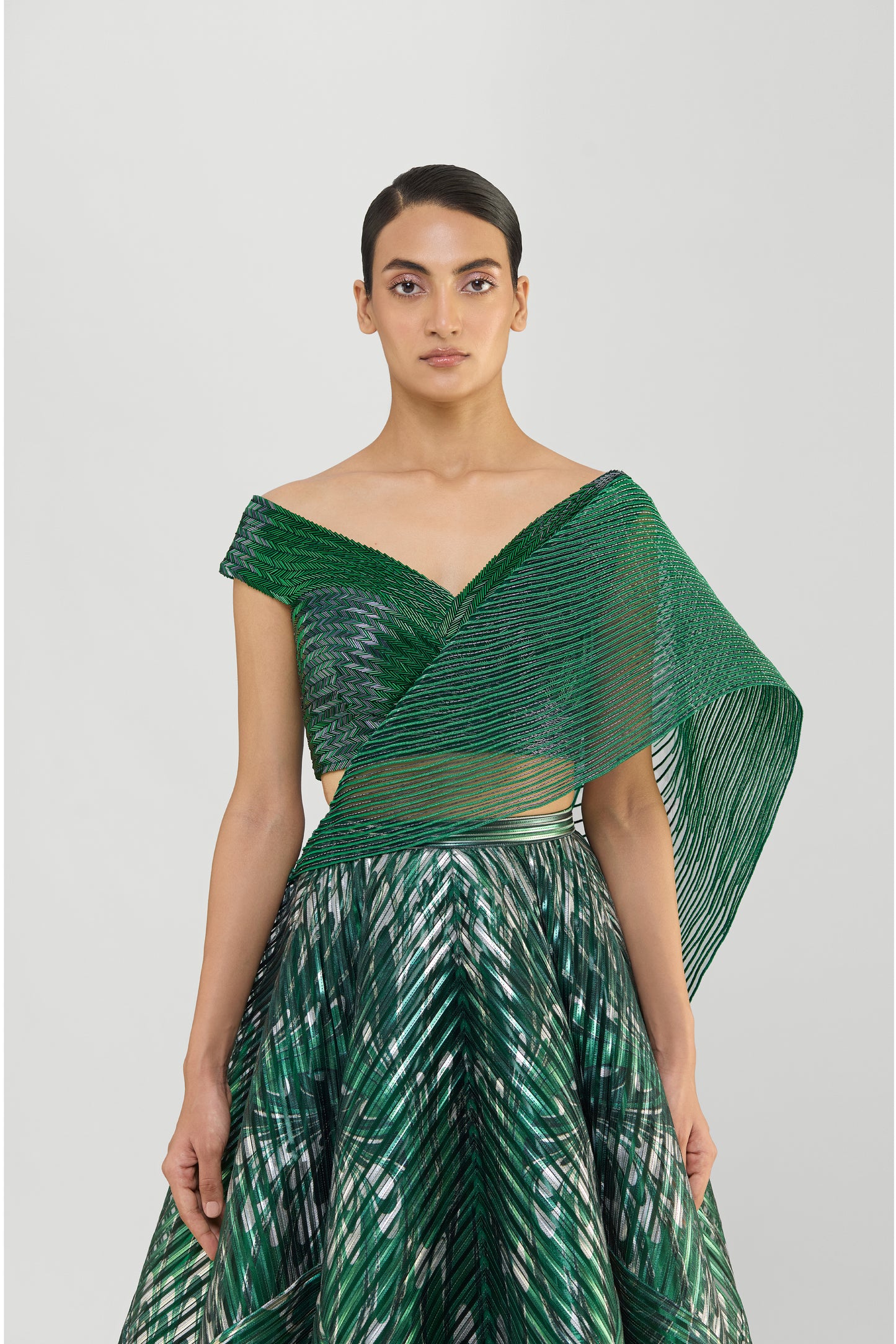 Printed Fluted Tulle Skirt With Off The Shoulder Structured Top