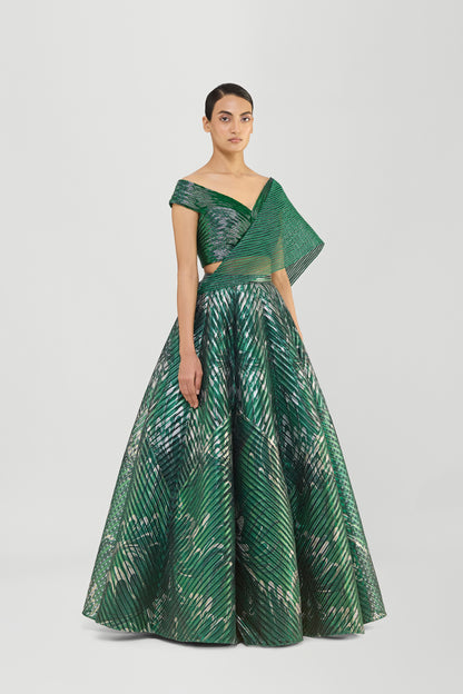 Printed Fluted Tulle Skirt With Off The Shoulder Structured Top