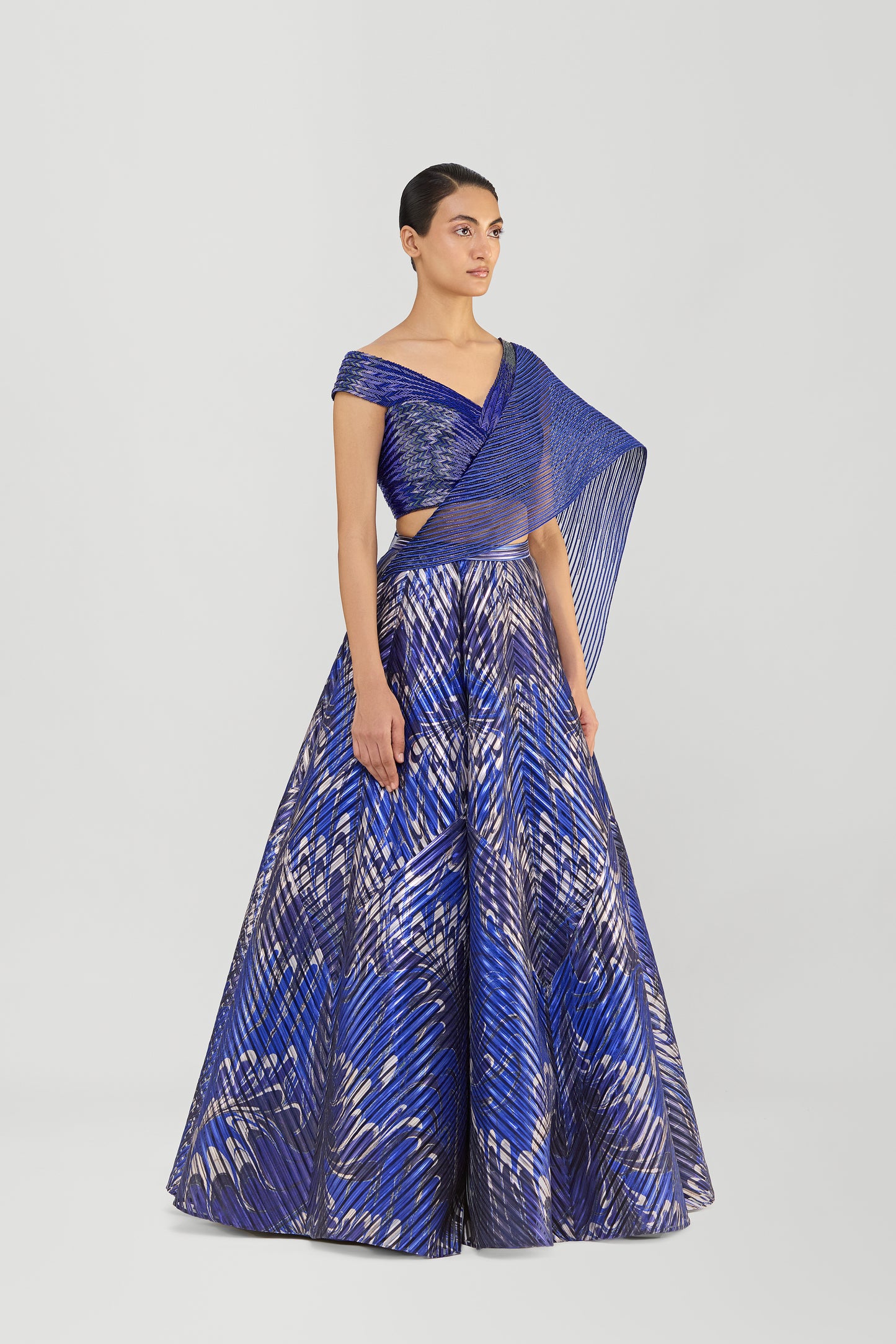 Printed Fluted Tulle Skirt With Off The Shoulder Structured Top