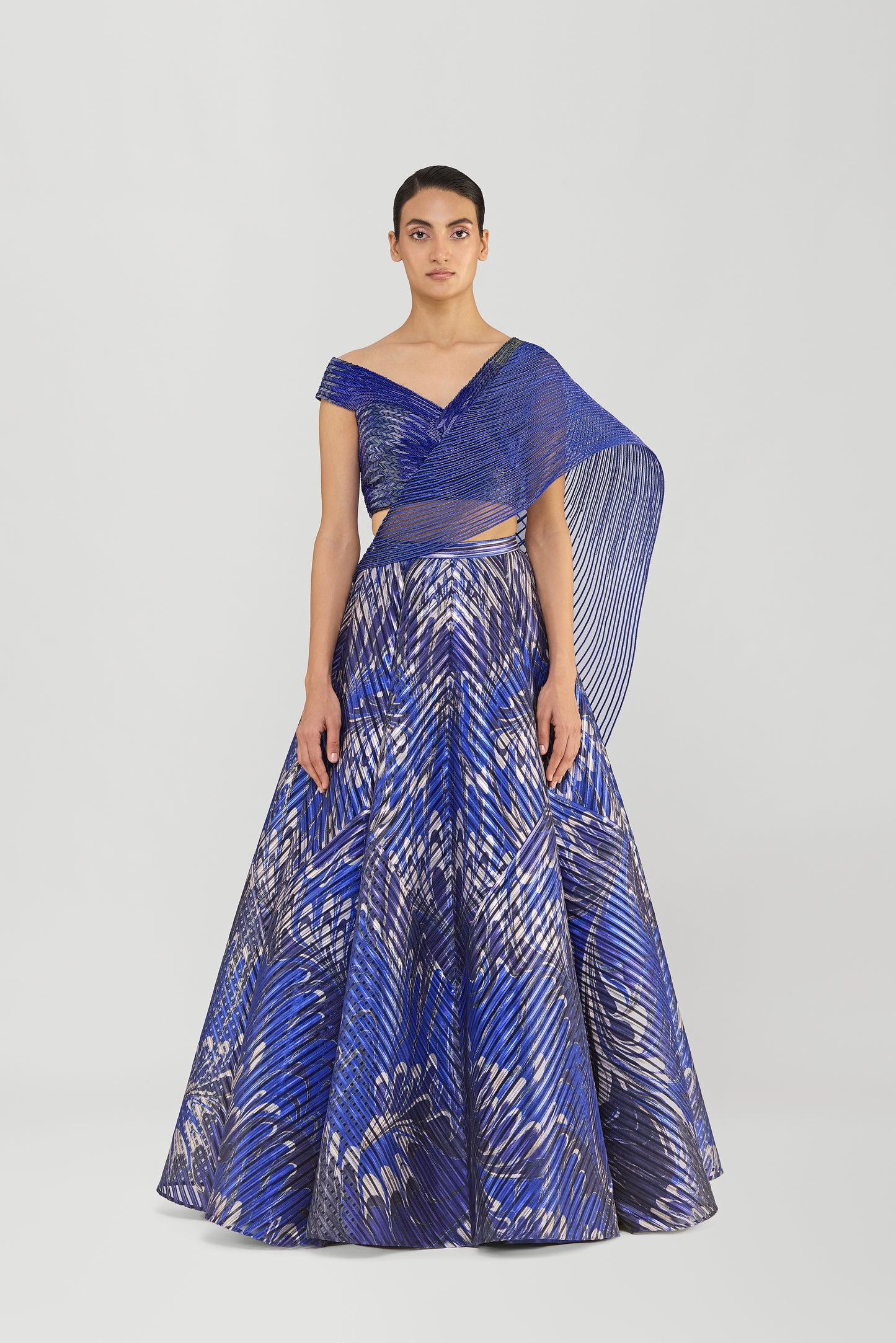 Printed Fluted Tulle Skirt With Off The Shoulder Structured Top
