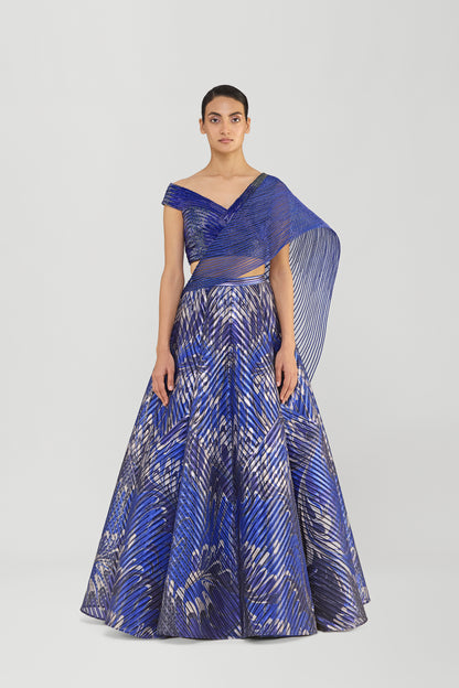 Printed Fluted Tulle Skirt With Off The Shoulder Structured Top