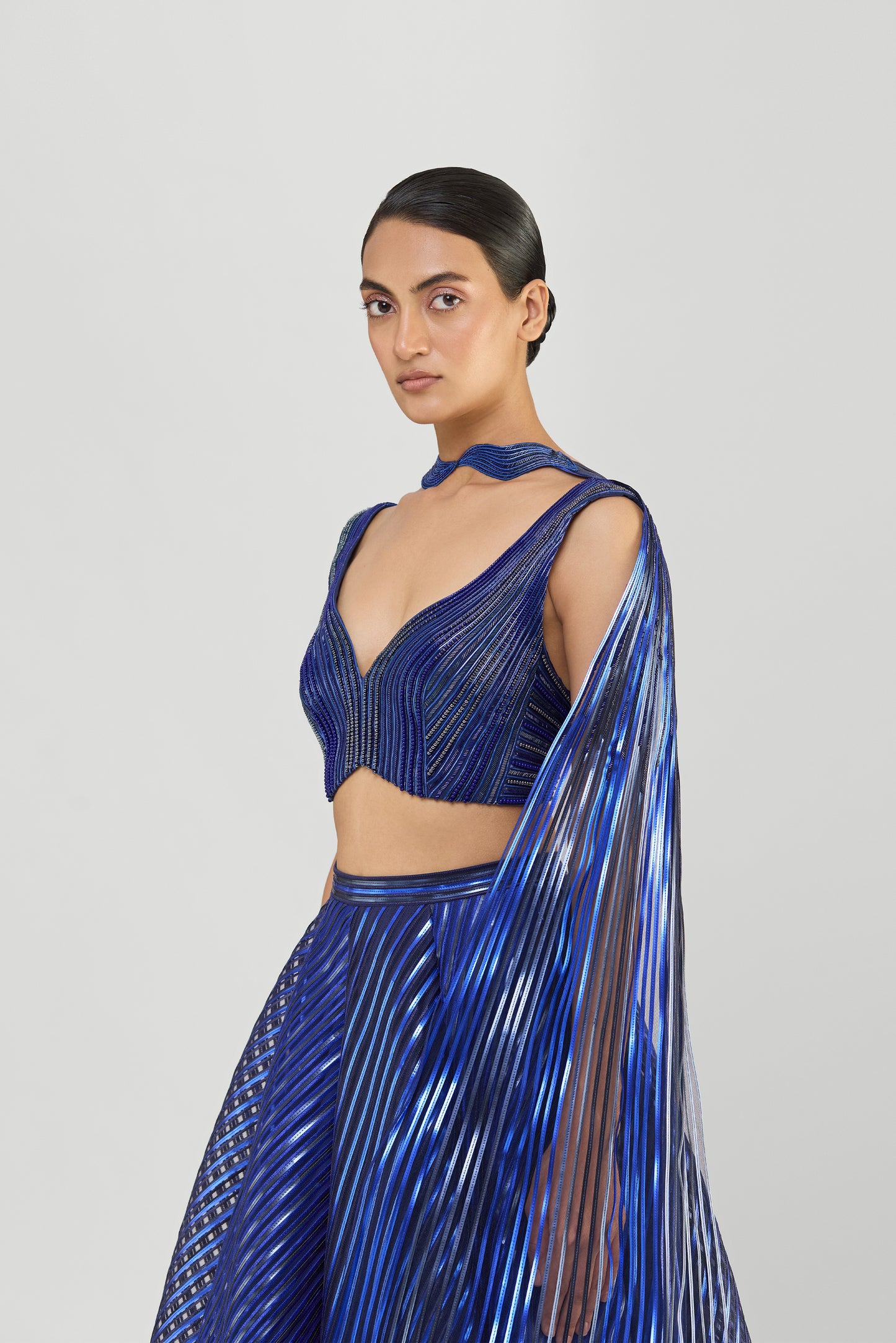 Metallic Fluted Tulle Skirt And Corded Top With Beads And Sunray Drape