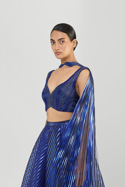 Metallic Fluted Tulle Skirt And Corded Top With Beads And Sunray Drape