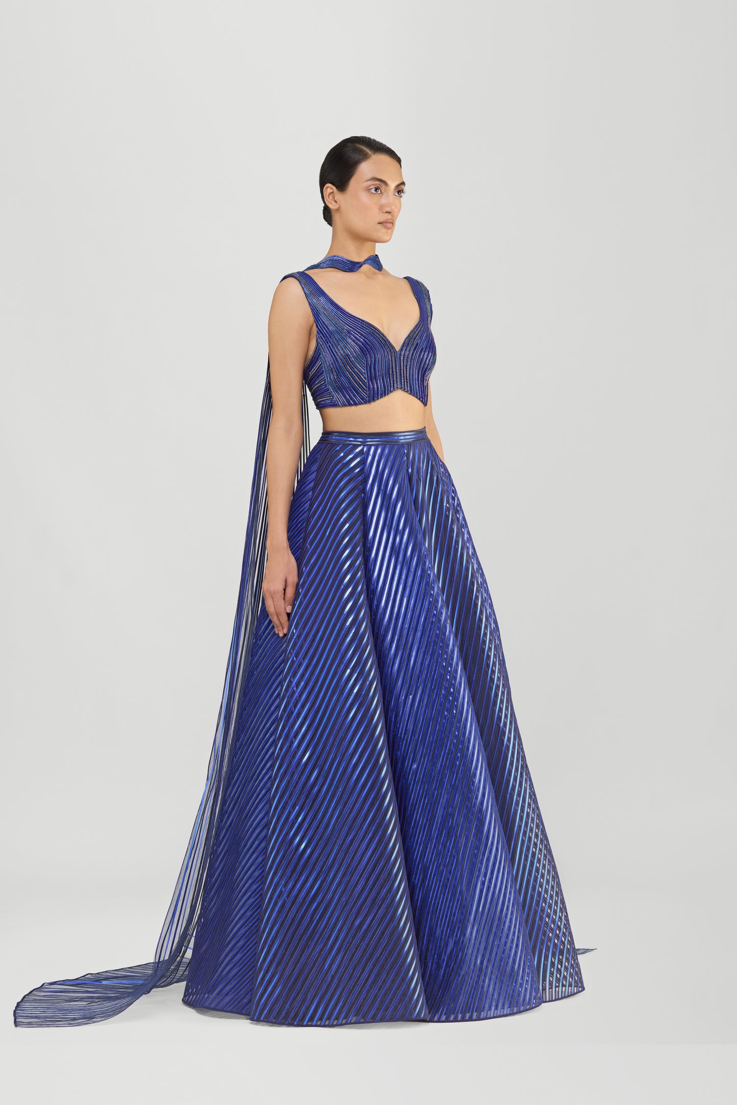 Metallic Fluted Tulle Skirt And Corded Top With Beads And Sunray Drape