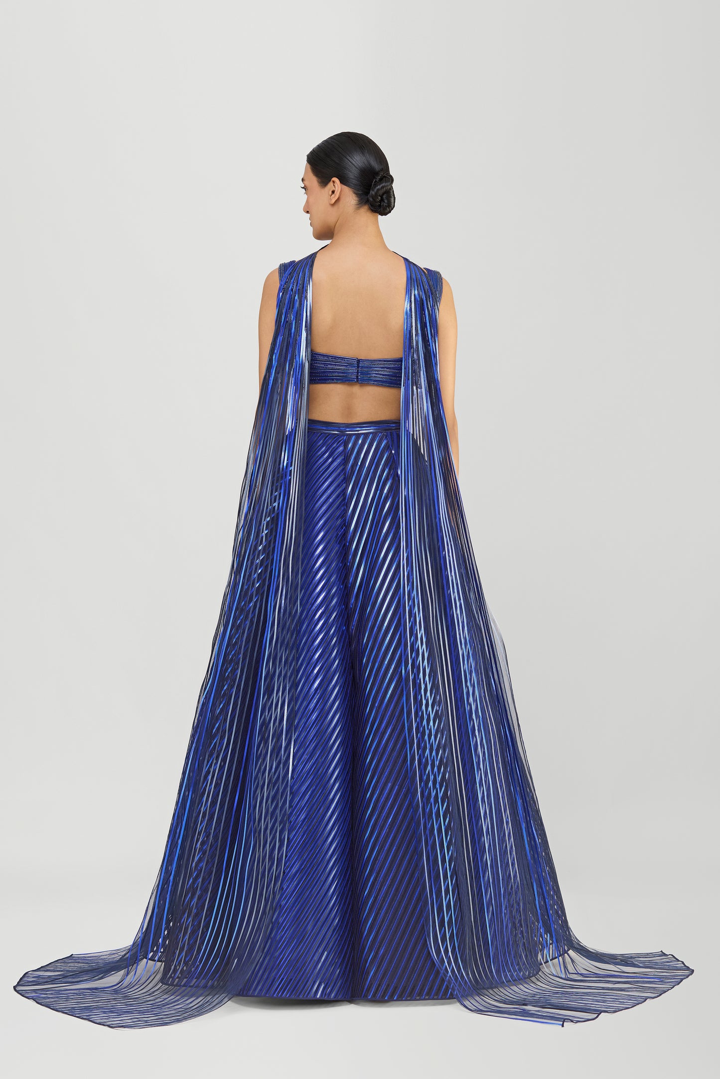 Metallic Fluted Tulle Skirt And Corded Top With Beads And Sunray Drape