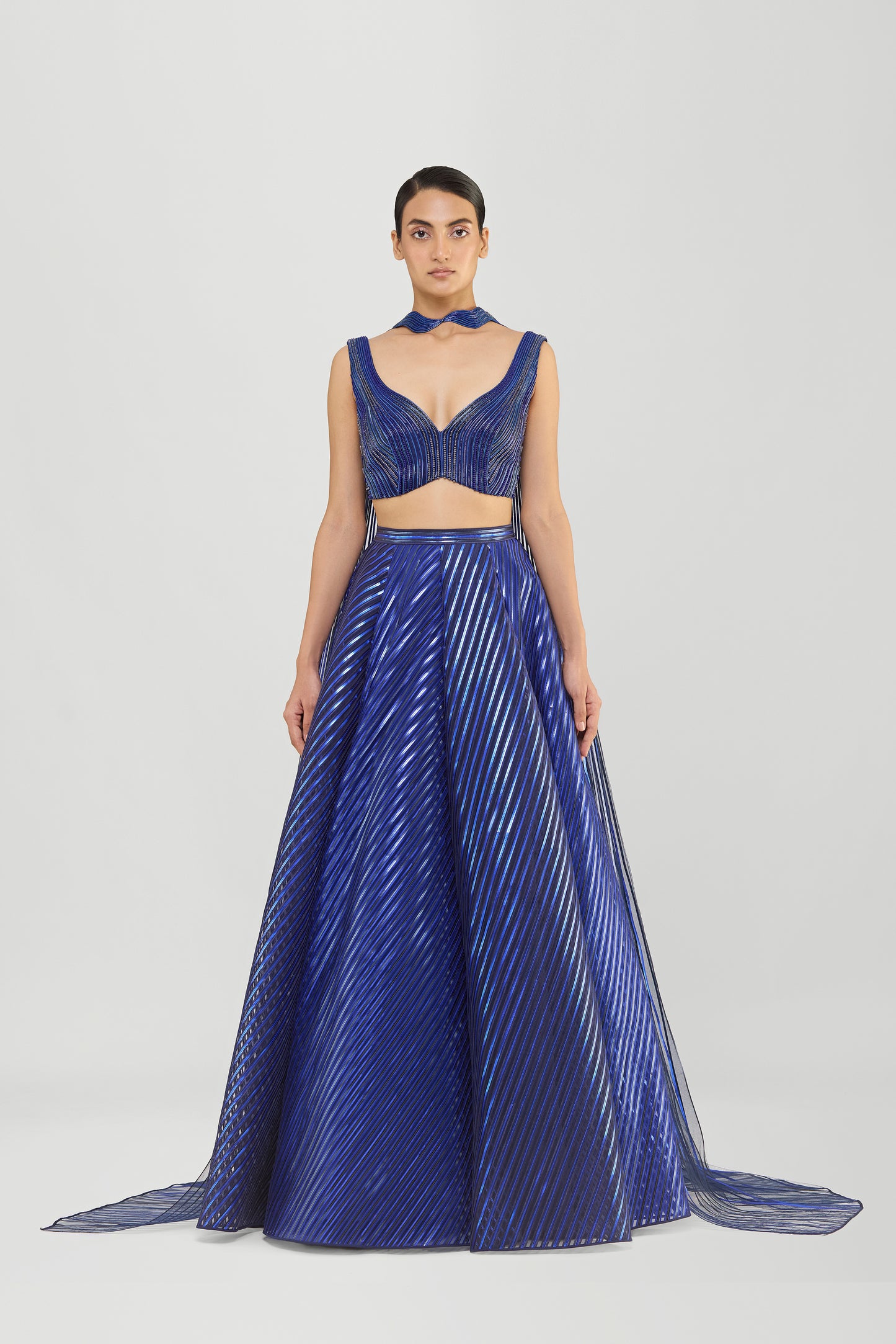 Metallic Fluted Tulle Skirt And Corded Top With Beads And Sunray Drape