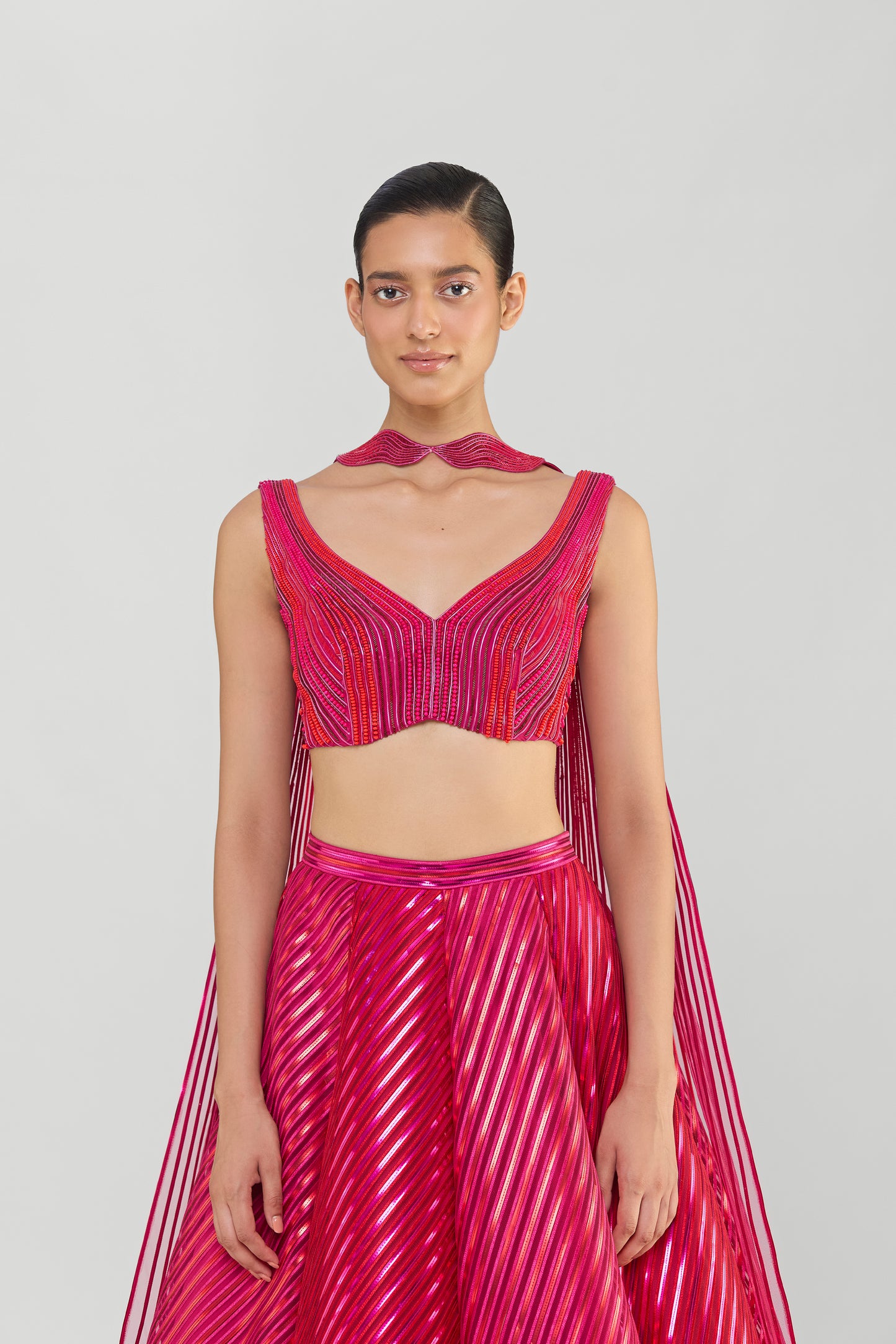 Metallic Fluted Tulle Skirt And Corded Top With Beads And Sunray Drape