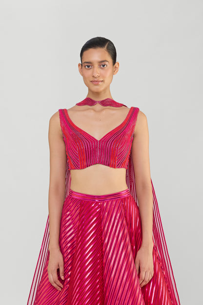 Metallic Fluted Tulle Skirt And Corded Top With Beads And Sunray Drape