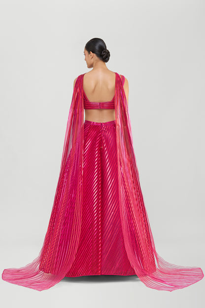 Metallic Fluted Tulle Skirt And Corded Top With Beads And Sunray Drape