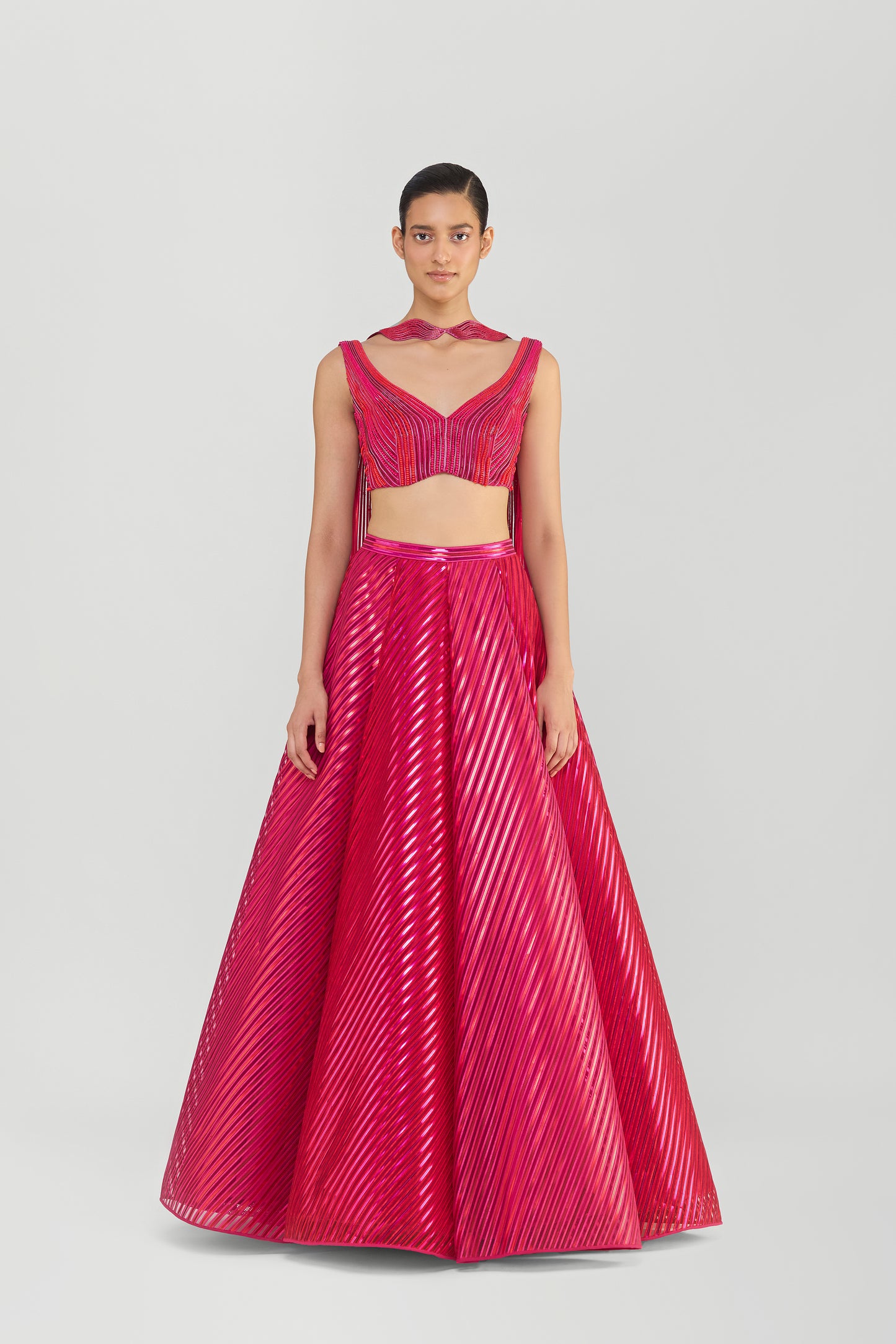 Metallic Fluted Tulle Skirt And Corded Top With Beads And Sunray Drape