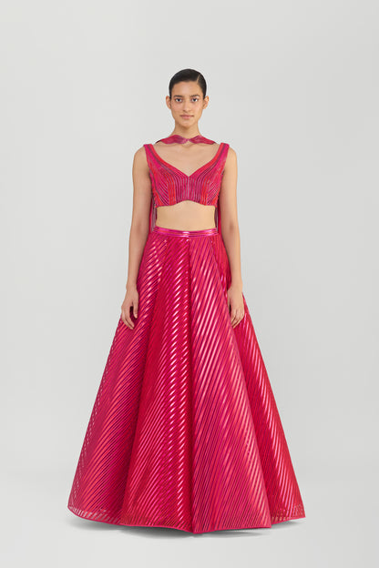 Metallic Fluted Tulle Skirt And Corded Top With Beads And Sunray Drape