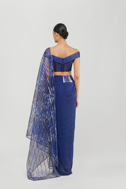 Moulded Metallic Micropleated Saree With A Printed Sunray Drape